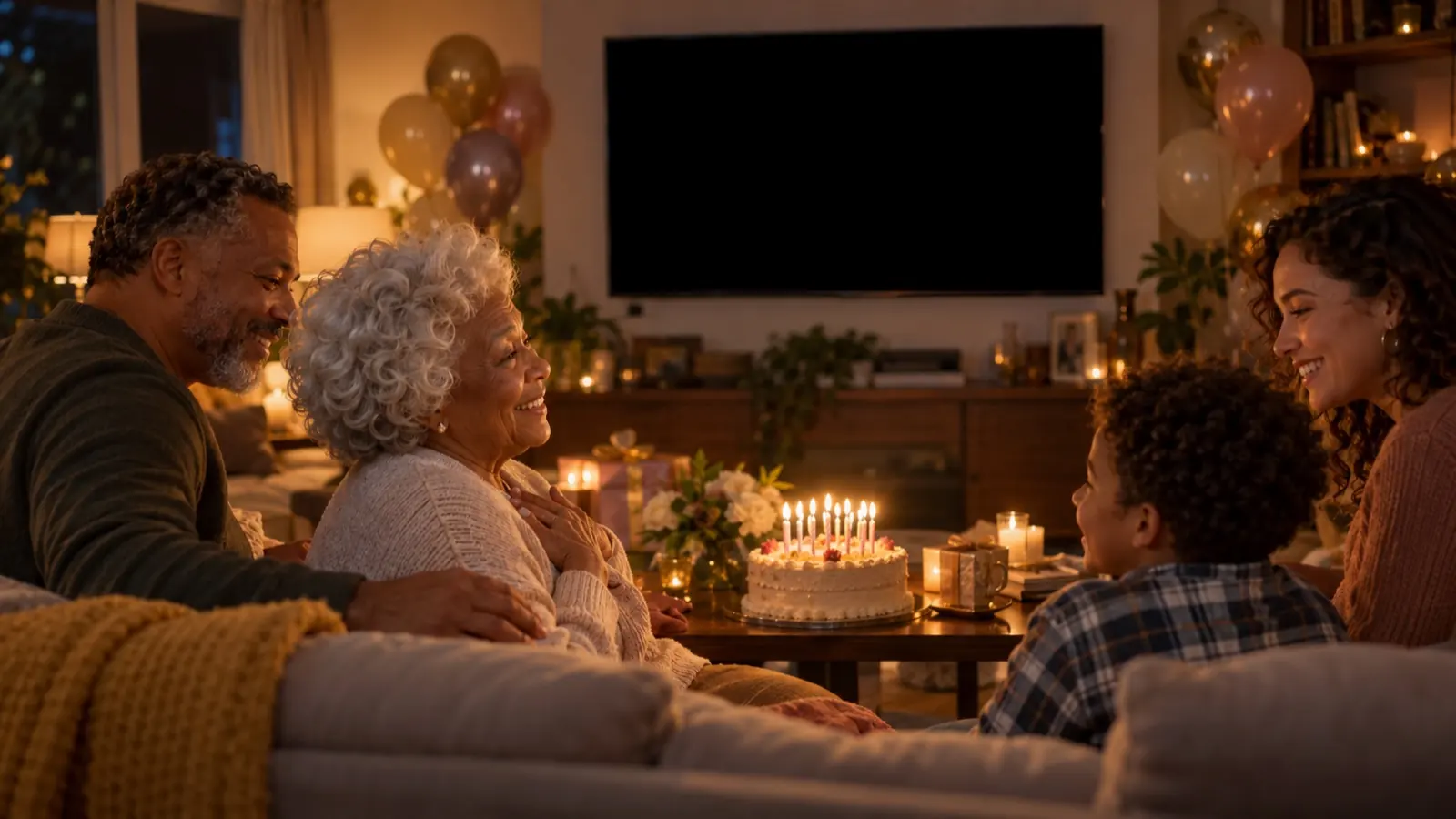 A family on a sofa watching messages play on the TV