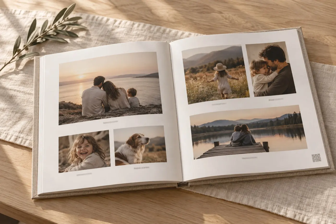A linen photo book open on an oak table
