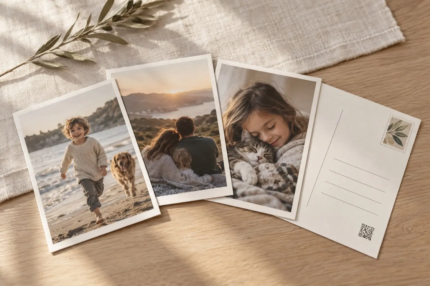 Printed postcards with old photos on linen