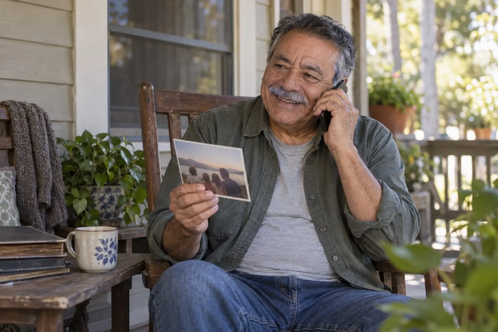 A made-up father on his porch, on the phone, holding a photo