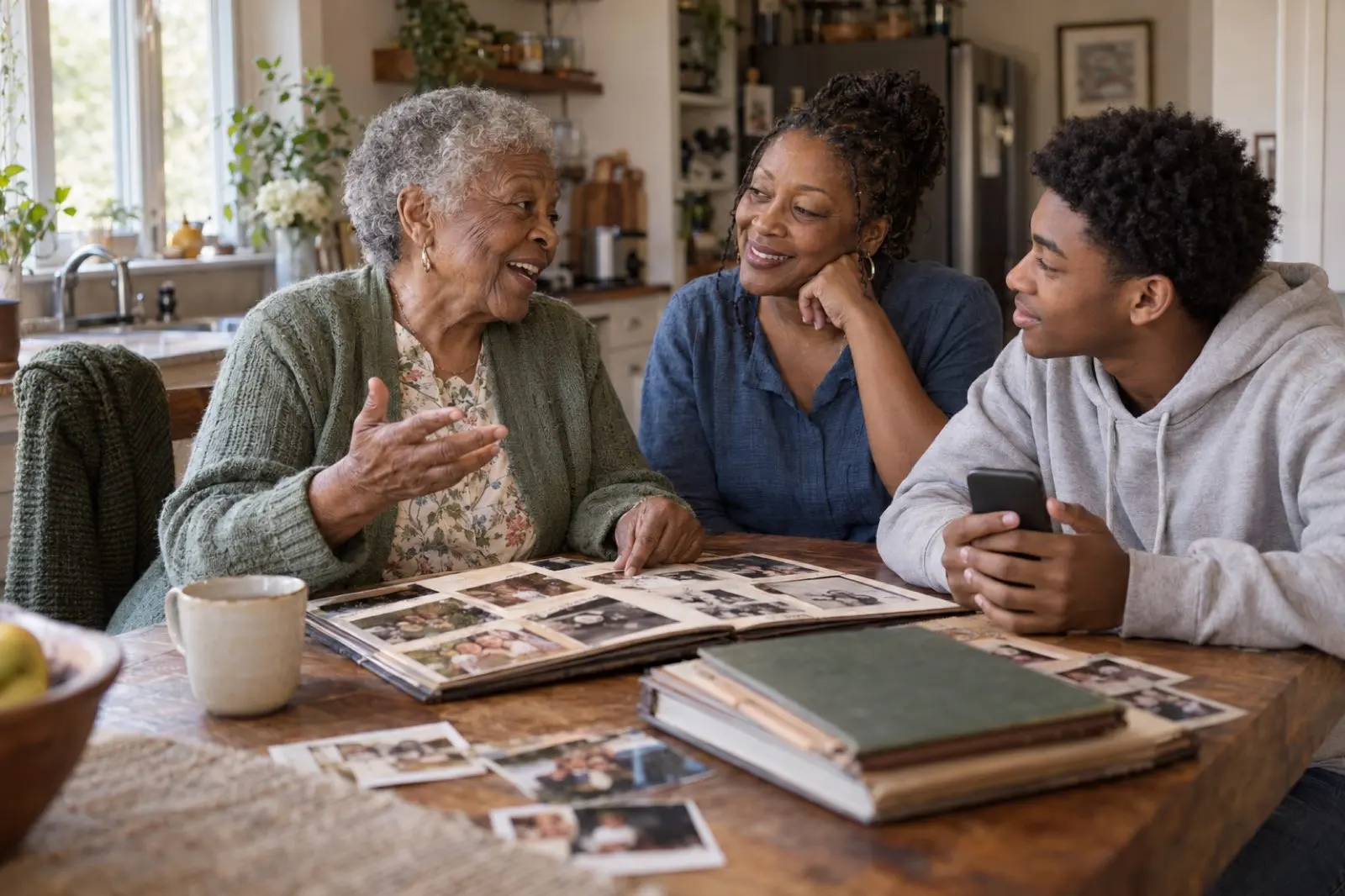 A made-up grandmother laughing mid-story at her kitchen table in daylight, an album open in front of her