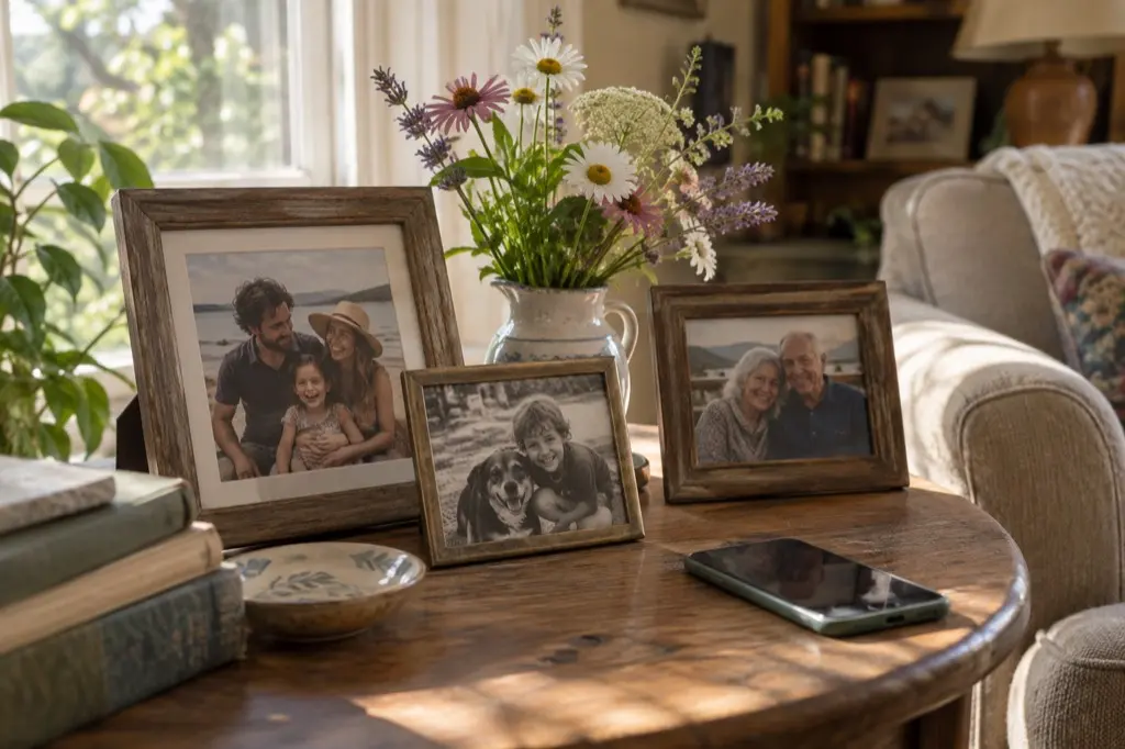 Framed family photos and a jug of wildflowers on a sunny wooden table