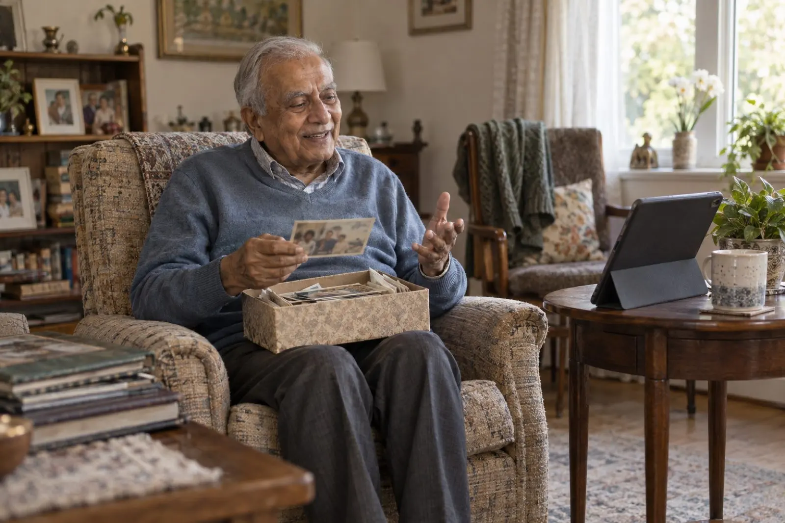 A made-up father in his armchair in daylight, smiling as he holds up an old photo from a shoebox on his lap