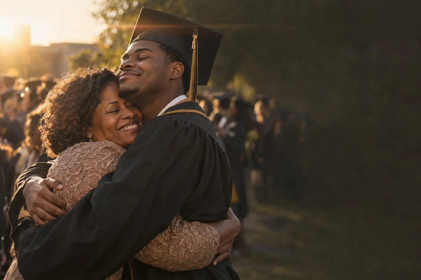 A made-up graduate in cap and gown hugging his mother at sunset