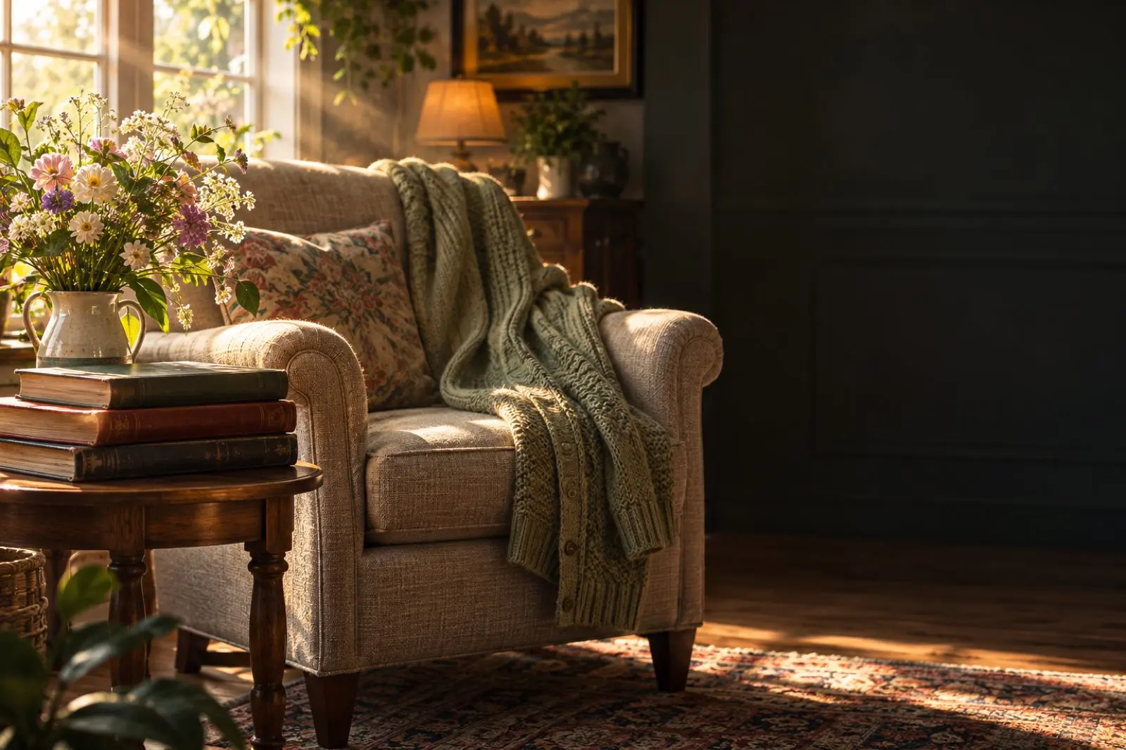 An empty armchair in afternoon light, a folded blanket over its arm