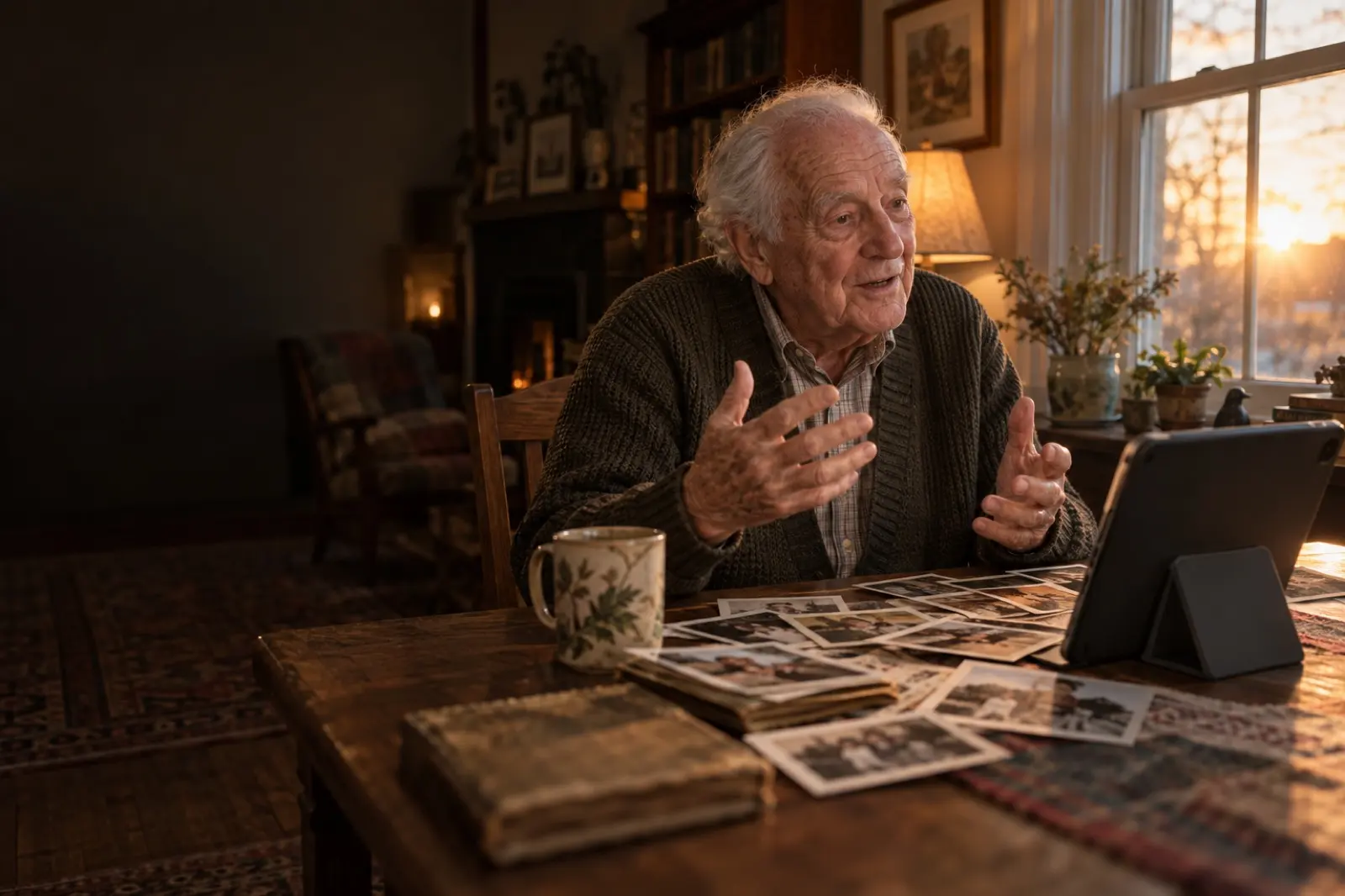 A made-up father at his kitchen table, talking, old photos spread in front of him