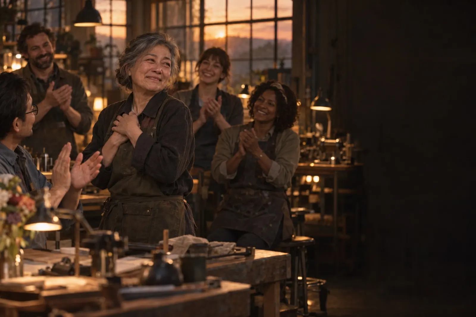 A made-up retiring woman with her hand on her heart as colleagues applaud in a workshop