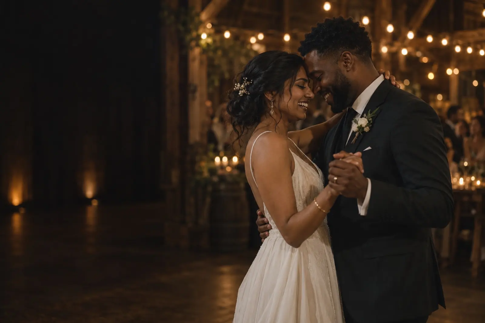A made-up bride and groom slow-dancing after their reception, foreheads close, laughing
